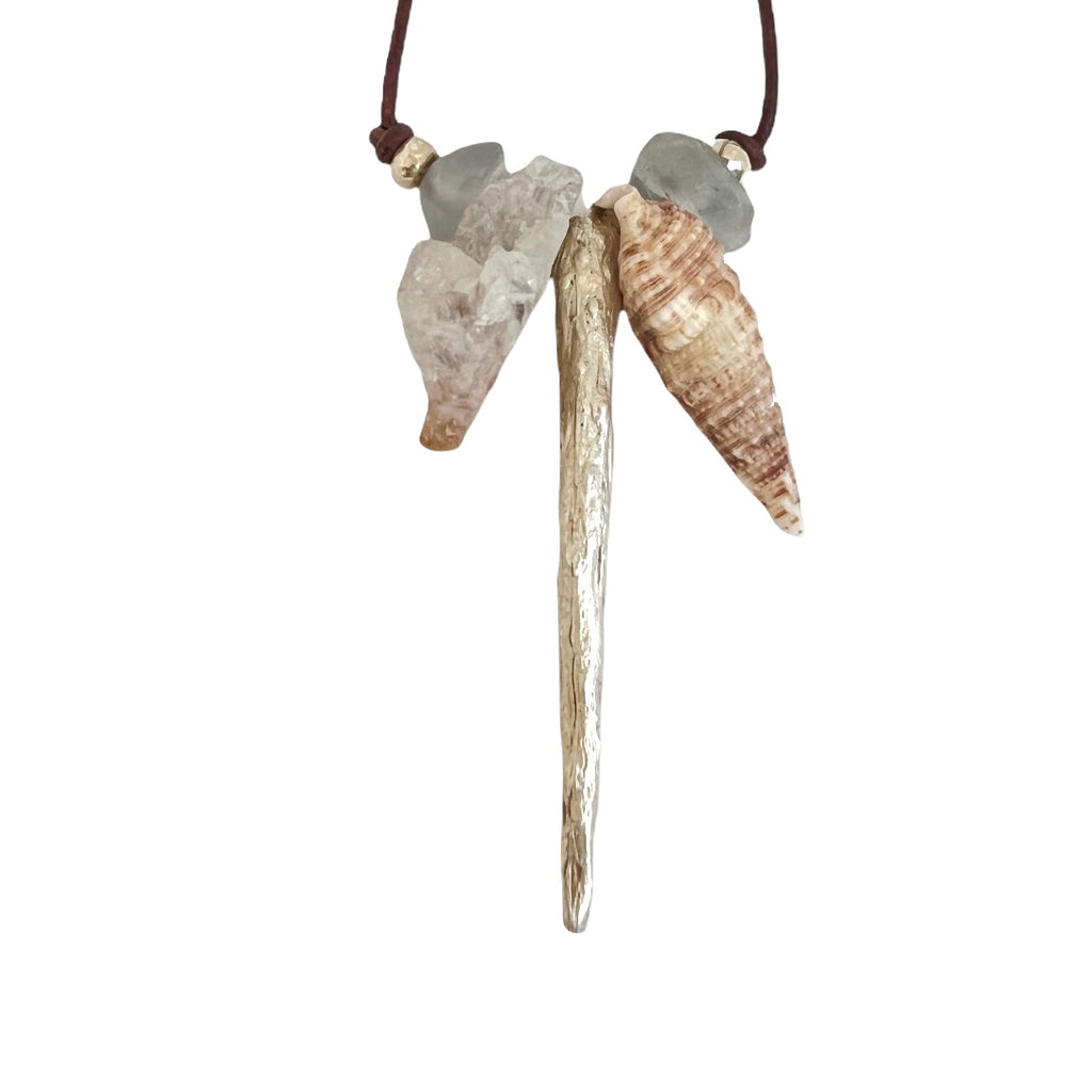 Cast Driftwood Pine Cone + Seashell + Quartz Crystal Necklace
