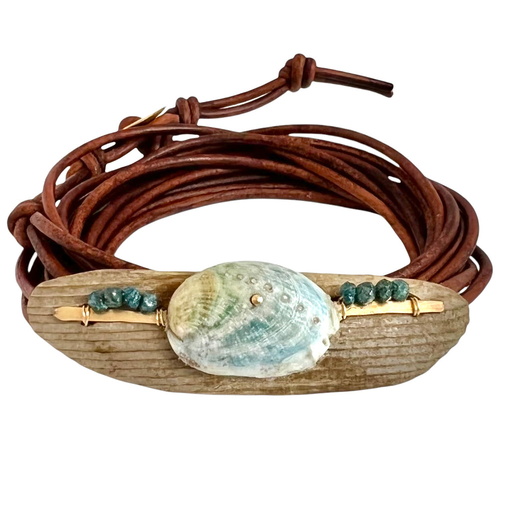 Abalone + Driftwood + Raw Blue Diamond Bracelet