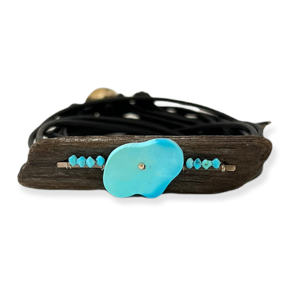 Hand Carved Turquoise Bear + Driftwood Bracelet