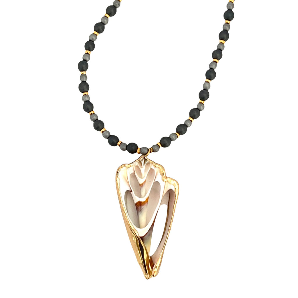 18 Karat Gold Encrusted Shell + Hematite Stone Necklace