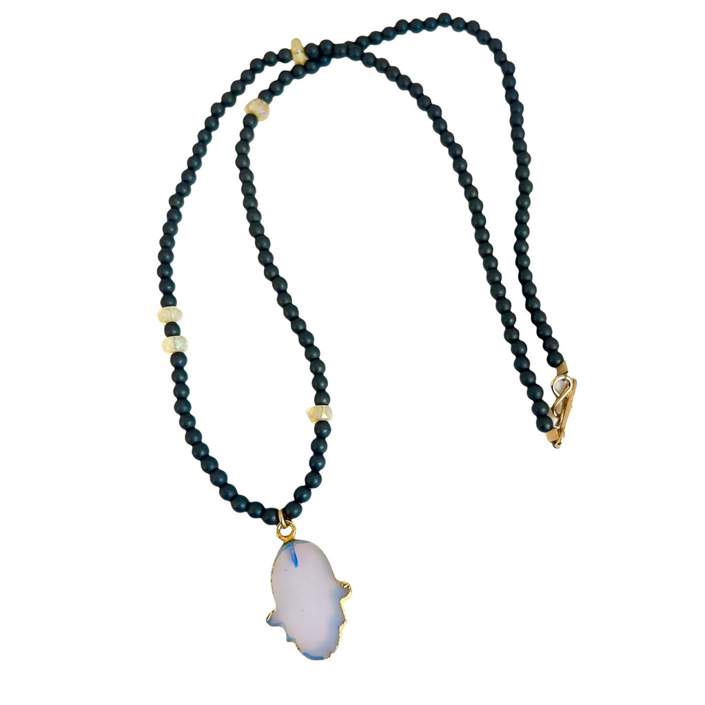 Ethiopian Opal Hamsa Hand + Hematite Necklace