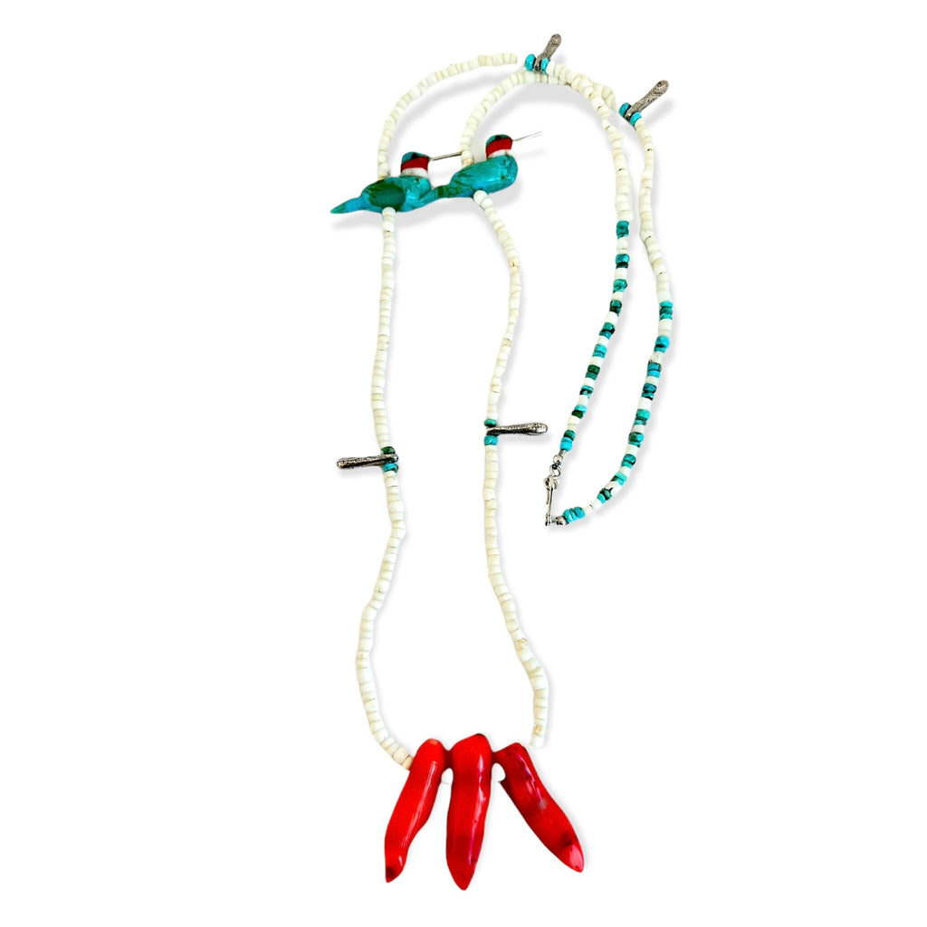 Coral + Turquoise Hummingbirds + Sea Urchin Spine Necklace